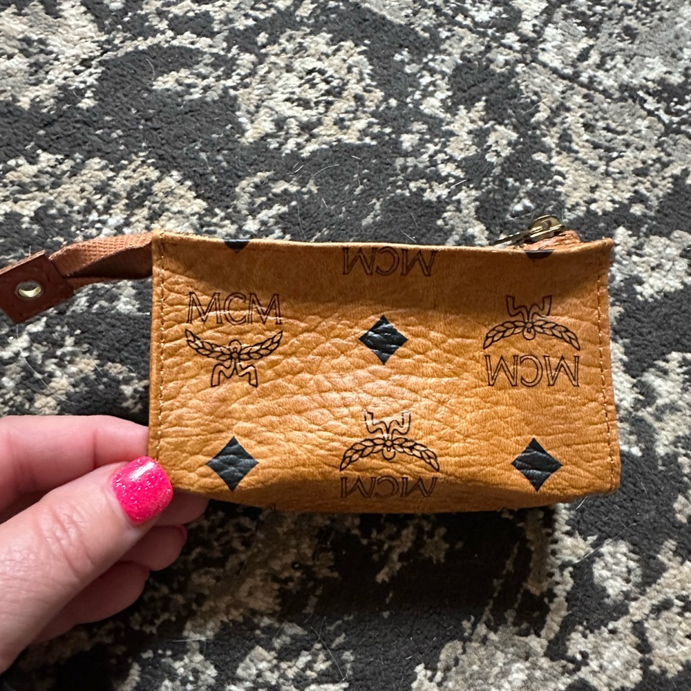 MCM Brown Leather Coin purse/pouch with Black Accents cognac authentic